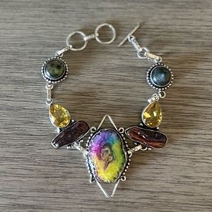 0618 Rainbow Solar Quartz Biwa Pearl Bracelet Silver Statement Jewelry